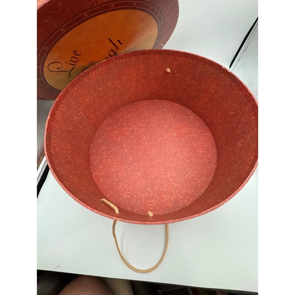 Live Laugh Love Round Decorative Storage Box Burgundy Gold Damask Hat Box Handle